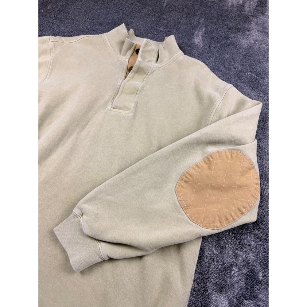 Orvis Mens M Khaki Tan Quarter Button Mock Neck Sweatshirt Elbow Patches Fleece